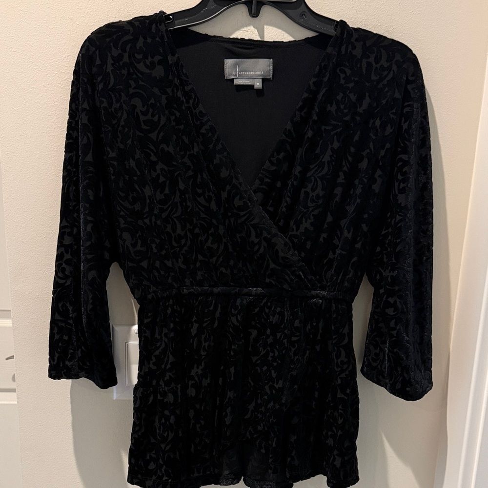 Anthropologie Black Velvet Textured Faux Wrap Blouse size XS